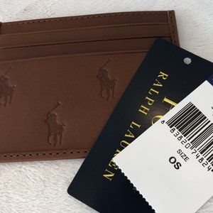 Polo Ralph Lauren CAMEL TAN BROWN Leather ALL OVER PONY Card Holder Wallet